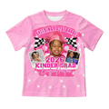 Pink t-shirt with graphics and text for a kindergarten graduation, featuring a child's photo.